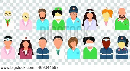 Doctors Of Different Ages And Races. Different Doctors Icons Set. Nurse, Ent, Pediatrician. Family D