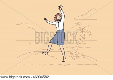 Scared Young Businesswoman On Deserted Island Wave Hand Ask For Help. Stressed Female Employee Lost 