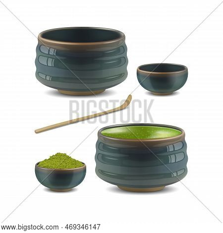 Realistic Detailed 3d Cup Chawan , Chashaku And Bowl Of Green Powder Set Japanese Matcha Tea Ceremon