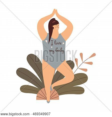 Body Positivity Cute Young Plump Girl With More Size-inclusive Body Do Yoga.plumpish Lady In Tree Po