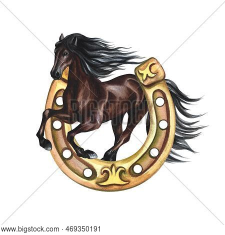 Running Horse. Hand Watercolor. Brown Horse Isolate. For Printing, Stickers And Labels. For Postcard