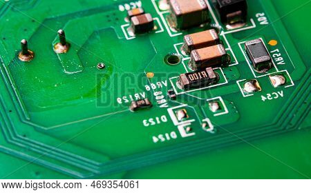 Macro Close Up Of Printed Wiring On Pc Circuit Board.