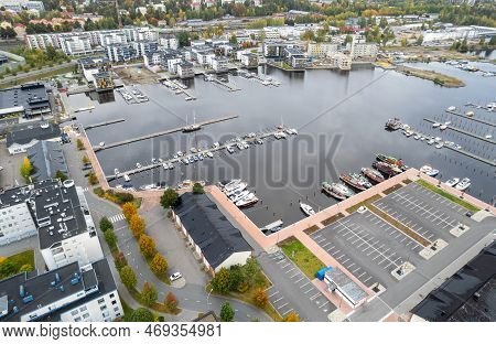 Drone Aerial Scenery Of The City Of Kuopio And The Marina. Eastern Finland Europe