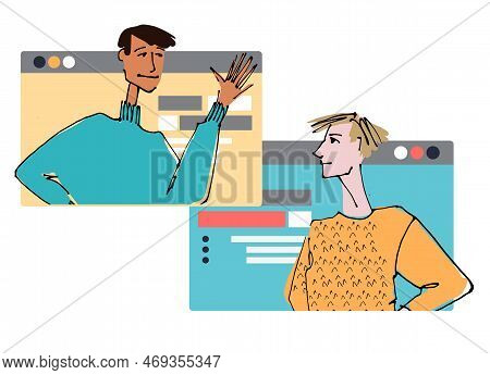 Two Young Man In Front Of A Computer Screen. Flat Style, Isolated Vector Element