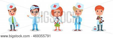 Kids In Medical Uniform Playing Doctors And Nurses With Toys Vector Set