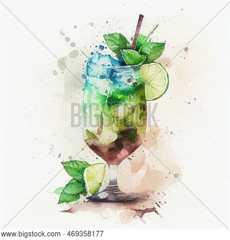 Watercolor Mojito Cocktail. Hand Drawn Vector Illustration.