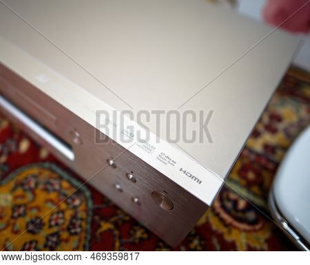 Paris, France - Oct 18, 2023: Close-up Macro Shot Of Hdmi Dts-hd And Dolby True Hd Digital Plus Insc