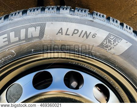 Clermont-ferrand, France - Oct 17, 2022: Close-up Of New Michelin Alpin 6 Premium Touring Winter Tyr