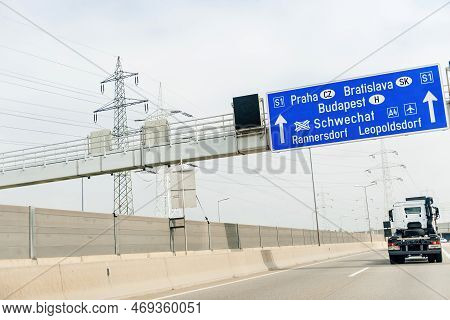 Austria, Sep 30, 2014: Austrian Highway With Tractor Mercedes-benz Truck Under Praha, Bratislava, Bu