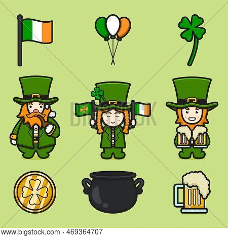 Set Collection Of Leprechaun Saint Patrick Day Clip Art Character Cartoon Vector Icon Illustration. 