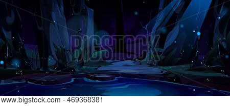Night Landscape With Lake Water Under Moomlight. Dark Nature Scene With Fields And Trees, River Or P