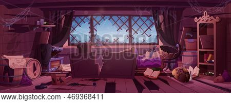 Old Messy Pirate Ship Cabin Inside. Broken Abandoned Boat Interior With Dirty Broken Wooden Furnitur