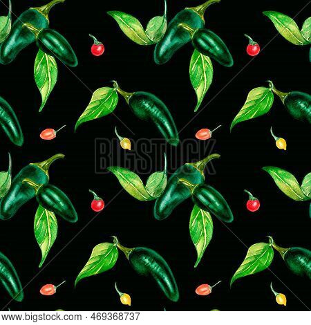 Jalapeno And Little Peppers. Watercolor Seamless Pattern Isolated On Dark.