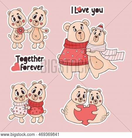 Set Stickers Cool Teddy Bear. Cute Couple Bears In Love With Heart And Flower. Vector Isolated Funny
