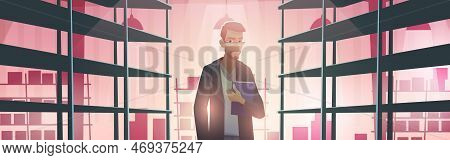 Businessman In Warehouse With Empty Metal Racks. Vector Cartoon Illustration Of Storage Room Interio