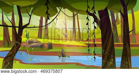 Cartoon Forest Background With Stream Flow Under Green Trees With Lianas Along Rocky Shore. Wild Nat