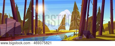 Summer Forest With River, Green Grass And Mountains On Background. Sunset Scene Of Natural Park With