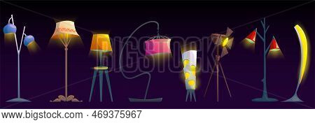 Lamps, Ceiling And Floor Glowing Electric Bulbs, Incandescent Modern Lightbulbs, Torchere Of Differe