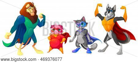 Superhero Animals With Mask And Cape. Cute Characters In Super Hero Costume. Vector Cartoon Set Of S
