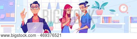 People Work In Office. Concept Of Teamwork, Modern Workspace, Creative Staff. Vector Cartoon Illustr