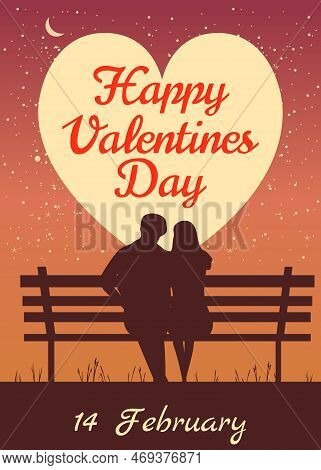 Happy Valentines Day Poster, Retro. Silhouette Loving Couple On The Bench At Night
