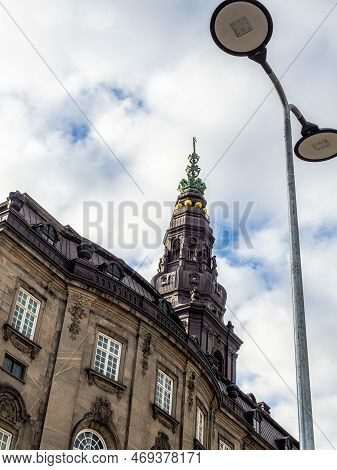 Copenhagen, Denmark - Oct 19, 2018: Prespective View Of Spire Structure Of Chistiansborg Palace, Wit