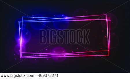 Neon Rectangular Frame With Shining Effects And Sparkles On Dark Background. Empty Glowing Techno Ba