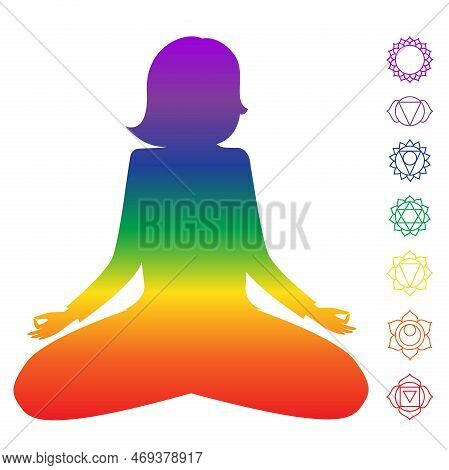 Woman In Lotus Position With Chackra Symbols Next To Her