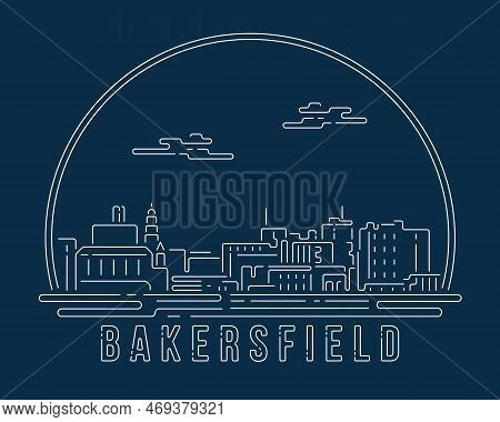 Bakersfield - Cityscape With White Abstract Line Corner Curve Modern Style On Dark Blue Background, 