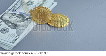 Us Dollar And Digital Money Bitcoin Coin Put Together.