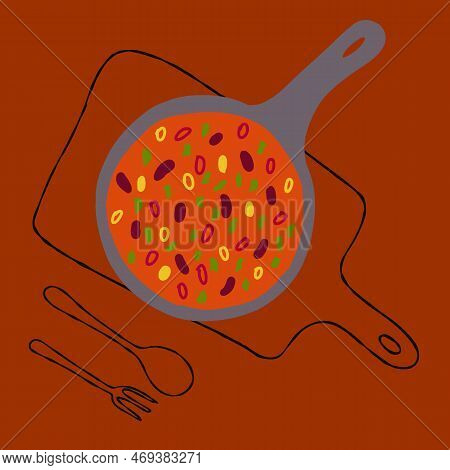 Mexican Food Chili Con Carne Illustration On A Red Background