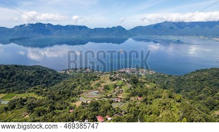 Aerial View Of Panorama Of Maninjau Lake West Sumatra, Danau Maninjau. Sumatra, Indonesia, January 2