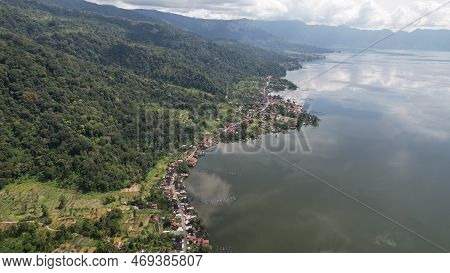 Aerial View Of Panorama Of Maninjau Lake West Sumatra, Danau Maninjau. Sumatra, Indonesia, January 2