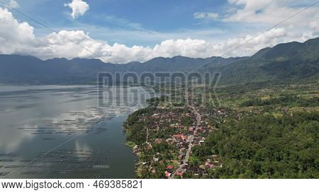 Aerial View Of Panorama Of Maninjau Lake West Sumatra, Danau Maninjau. Sumatra, Indonesia, January 2