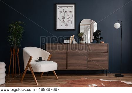 Stylish Compositon Of Elegant Living Room Interior Design With Fluffy Armchair, Wooden Commode, Mock