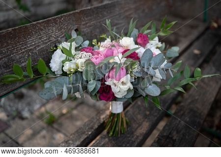 Wedding Bouquet Composed Of Roses, Ozothamnus, Freesia And Eucalyptus. Pink Bridal Bouquet. Wedding 