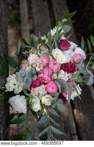 Wedding Bouquet Composed Of Roses, Ozothamnus, Freesia And Eucalyptus. Pink Bridal Bouquet. Wedding 