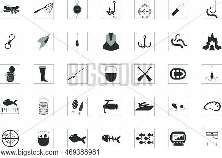 Icons Fishing, Travel, Camping Icons. Fishing Icon Vector Set. Fish Symbol. Fishing Vector Isolated 