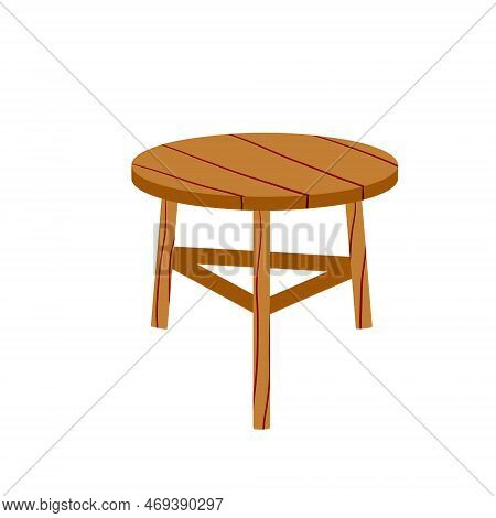 Wooden Stool. Chair With Three Legs. Simple Old Homemade Furniture. Flat Cartoon Illustration