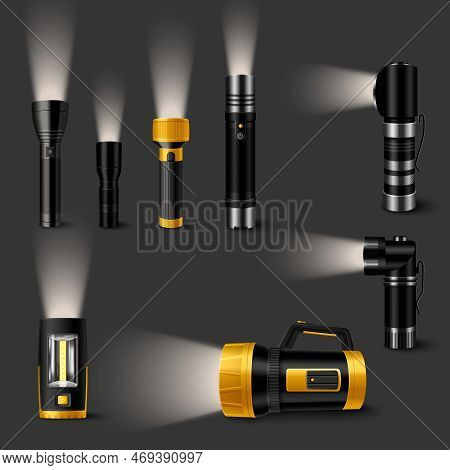 Handheld Luminous Flashlights Of Different Modifications Realistic Set On Grey Background Isolated V
