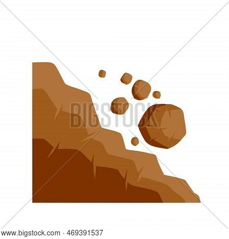 Rock Rolls Off Cliff. Falling Boulder. Rockfall And Landslide. Brown Earth. Flat Cartoon Illustratio