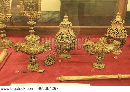 Mafra, Lisbon, Portugal- January 17, 2023: Golden Church Utensils Exhibited In The Palace-convent An