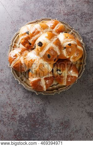 Hot Cross Buns Is A Spiced Sweet Bun Usually Made With Fruit, Marked With A Cross On The Top Closeup