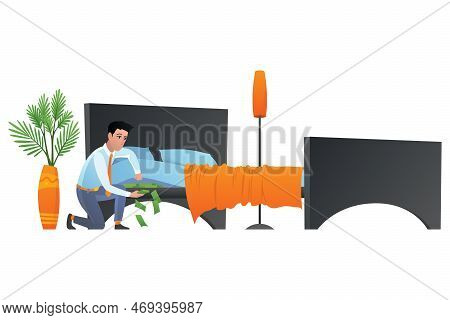 Man Keep Money Under Bed Mattress. Male Character Poor Financial Literacy, Cash Saving, Cartoon Vect