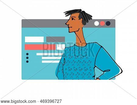 Young Man In Front Of A Computer Screen. Flat Style, Isolated Vector Element