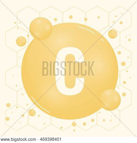 Vitamin C Gold Shining Pill Capcule Icon. Vitamin Complex With Chemical Formula, Ascorbic Acid. Shin
