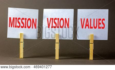 Mission Vision Values Symbol. Concept Words Mission Vision Values On White Paper On Clothespin On A 