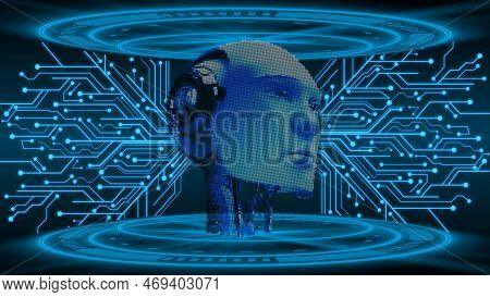 Ai Or Artificial Intelligence - Abstract 3d Robotic Head Is Floating In Virtual Cyberspace Between I
