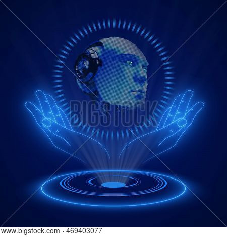 Ai Or Artificial Concept With Hologram - Holographic Abstract Robotic Head Over Open Hands - 3d Illu