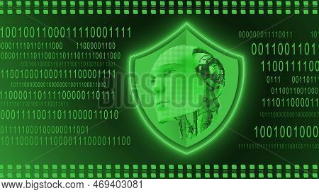 Ai Or Artificial  Concept - Protective Shield With Abstract 3d Robotic Head On Binary Code Backgroun